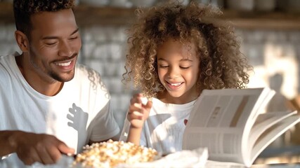 Father and daughter laughing, whisking pancake batter, flipping golden breakfast treats in sunlit kitchen, bonding through shared cooking experience - Powered by Adobe
