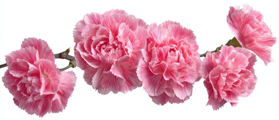 Delicate pink carnations in a row on white background studio shot floral arrangement close up beauty