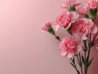 Fototapeta premium Pink Carnation Flowers Blooming in Studio Still Life Arrangement on Pastel Background for Mother's Day or Valentine's Day