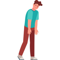 Full Body Cartoon of a Young Man in Teal T-shirt and Brown Pants with Dark Hair and a Light Skin Tone Standing with Arms Dangling