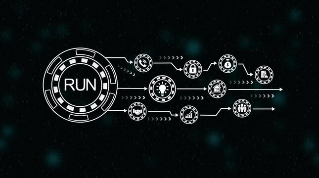 Futuristic digital interface with R U N button and outgoing arrows on dark background with bokeh effects and particle animation representing data flow and process initiation