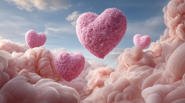 Pink hearts floating on clouds against a blue sky dreamy love concept romantic background Valentines Day celebration aerial view