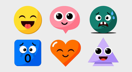 A playful and colorful collection of cartoon character faces and geometric shapes showcasing a range of diverse emotions