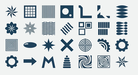 Abstract geometric shapes and bold symbol icons set. A collection of minimalist brutalist vector design elements for universal use