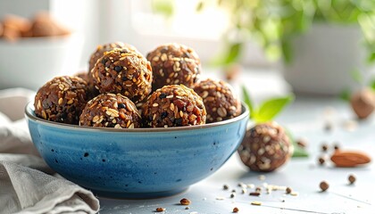 Blue ceramic bowl filled with homemade energy balls made from dates nuts and oats with natural daylight illumination and green foliage in the background