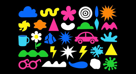 A diverse set of generative abstract elements and simple icons in a bold, colorful flat design style, isolated on a black background