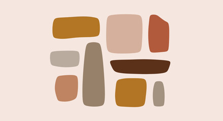 A minimalist abstract composition of hand-drawn organic shapes arranged in a modern collage with a warm earthy color palette
