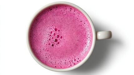 Overhead close-up of vibrant pink latte in white mug on white background showcasing frothy texture and rich color