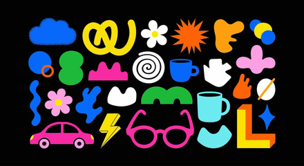 A bold and eclectic set of contemporary abstract shapes, fun doodle icons, and playful graphic elements for creative projects