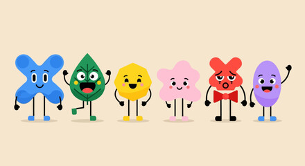 Set of adorable and funny geometric shape characters with faces. A collection of cute friendly mascots in a flat vector design for animation and branding