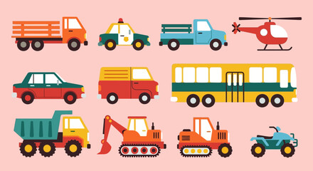 A diverse and colorful collection of cute cartoon transport vehicles, featuring a police car, bus, dump truck, and helicopter in a flat vector style © John