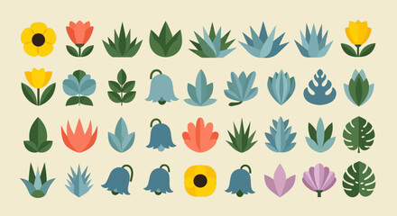 A vibrant collection of modern, flat-style botanical illustrations. This set includes various flowers, leaves, and succulents perfect for contemporary design projects