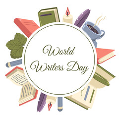 Vector postcard with books and a cup of coffee, candles and pens. Cozy autumn illustration on the theme of reading and studying.