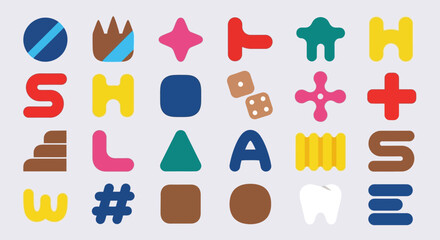 A vibrant and playful collection of abstract geometric shapes, minimalist symbols, and colorful modern design elements