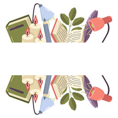 Vector banner with books, candles and lamps. Colored composition for school and library with copy space. World Book and Knowledge Day.