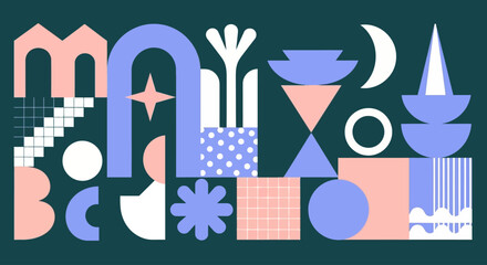 Contemporary abstract composition featuring a whimsical collection of pastel geometric forms and modern patterns