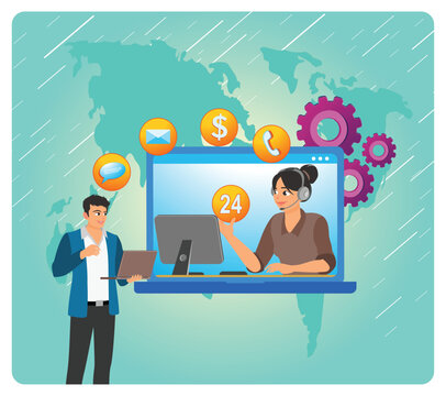  24 for 7 banking support concept. Banking Support Team Working Remotely With Laptop, Headset.