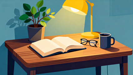 Desk setup with book lamp plant and cup