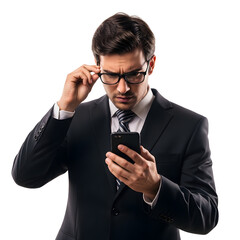 Focused businessman in a suit adjusts his glasses looking intently at his smartphone isolated on white