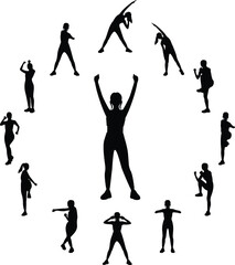 Black silhouette illustration of a woman stretching before exercising.