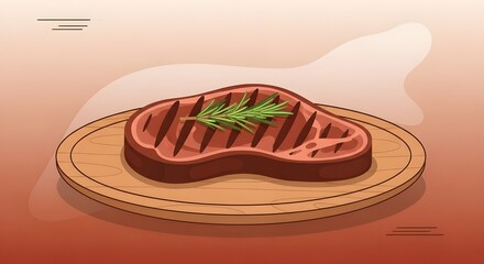 Perfectly Grilled Beef Steak with Rosemary on Wooden Plate | BBQ, Cuisine, and Fine Dining Food Illustration