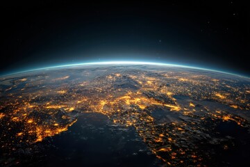 Obraz premium Earth at Night from Space View of City Lights and Atmosphere Perspective of Planet Horizon and Stars