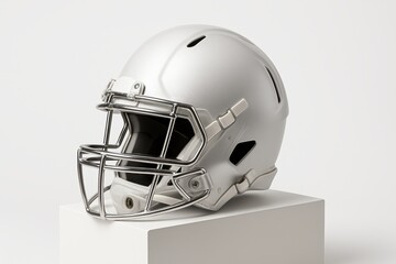 Fototapeta premium White football helmet three quarter angle on matte white acrylic block sleek metallic finish