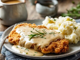 Chicken fried steak covered in gravy with mashed potatoes on plate close up studio shot