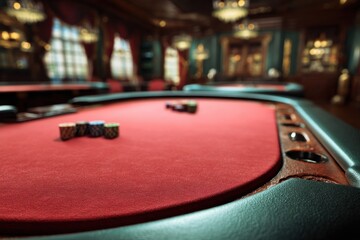 Poker chips on red felt table in luxury casino interior close up low angle gambling game night