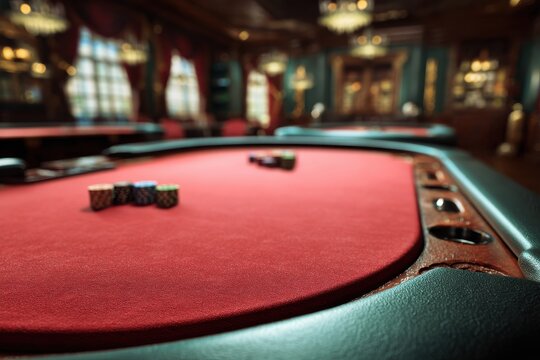 Poker chips on red felt table in luxury casino interior close up low angle gambling game night