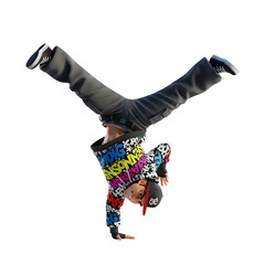 Young breakdancer performing a handstand dynamic pose on white ideal for youth culture and dance-related projects