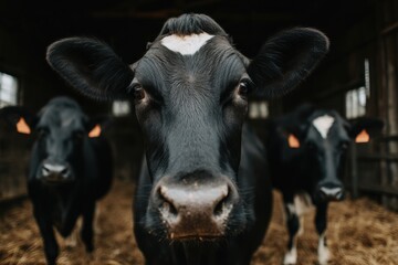 Cows Staring Head On in Barn Interior Portrait Farm Animal Livestock Agriculture Rural Scene Close Up