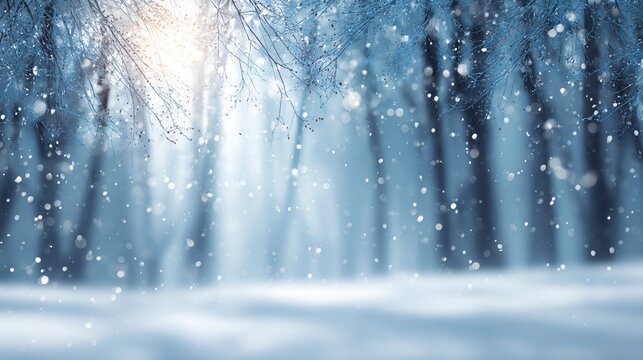 Snowfall in a winter forest with sunbeams filtering through bare branches