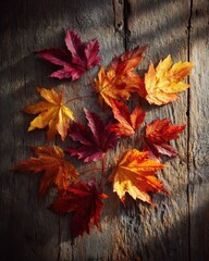 Golden Sunlight Illuminates a Rustic Wreath of Colorful Autumn Foliage.