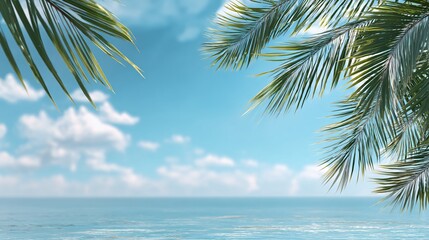 Fototapeta premium Tropical palm fronds frame a calm ocean under a clear blue sky with scattered clouds
