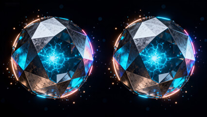 Two glowing faceted spheres in space