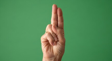 Woman hand making two finger salute gesture on green screen chroma key background. Symbol hand sign for victory.
