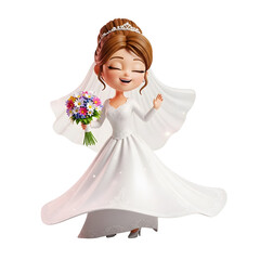 Cartoon bride in white dress holding a bouquet a cute 3D rendering for wedding invitation or decoration isolated on white background