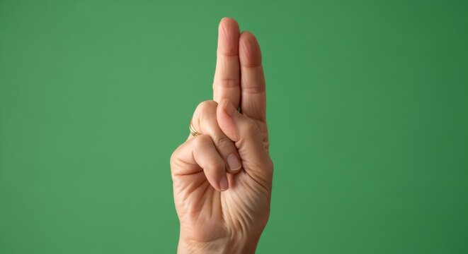 Woman hand making two finger salute gesture on green screen chroma key background. Symbol hand sign for victory. - Powered by Adobe