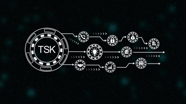 Futuristic T S K logo emblem with outgoing arrows and data flow on dark digital background with bokeh particles