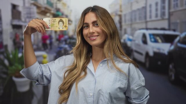 Young blonde woman with striped shirt holds korean banknote at arm's length on busy urban street with parked vans and blurred pedestrians; prosperity excitement.