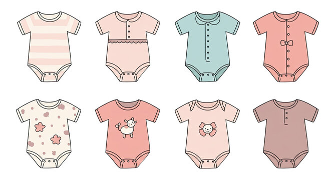 Set of cute baby onesies in pastel colors with various patterns and buttons, perfect for newborn clothing or baby shower designs