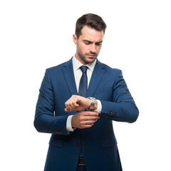 Focused businessman in a blue suit checking his wristwatch isolated on a white background ensuring punctuality and professionalism
