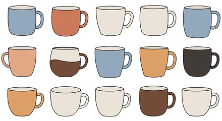 Set of fifteen ceramic coffee mugs in various pastel and neutral colors isolated on white background, perfect for kitchen and coffee shop designs