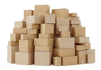 Obraz premium Pile of brown cardboard boxes stacked high for shipping and storage, delivery packaging, postal service, isolated on transparent background