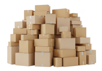 Pile of brown cardboard boxes stacked high for shipping and storage, delivery packaging, postal service, isolated on transparent background