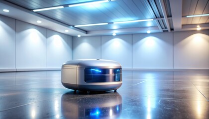 Silver Robot with Blue Lighting in Modern Room