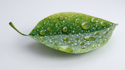 Macro shot of a vibrant green leaf adorned with glistening water droplets on a clean white background.