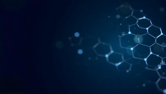 Hexagonal grid pattern with glowing blue dots, interconnected lines forming a network, dark blue background with bokeh effects , modern and technological design 