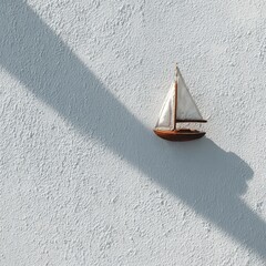 Miniature Wooden Sailboat Casting Shadow on Textured White Wall, Minimalist Composition.